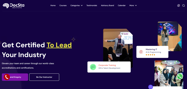 DocSta Institute homepage showing professional corporate training and certification courses