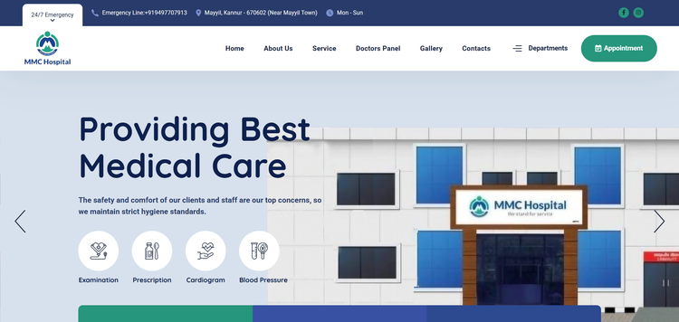 MMC Hospital homepage layout featuring medical services and hospital building exterior.