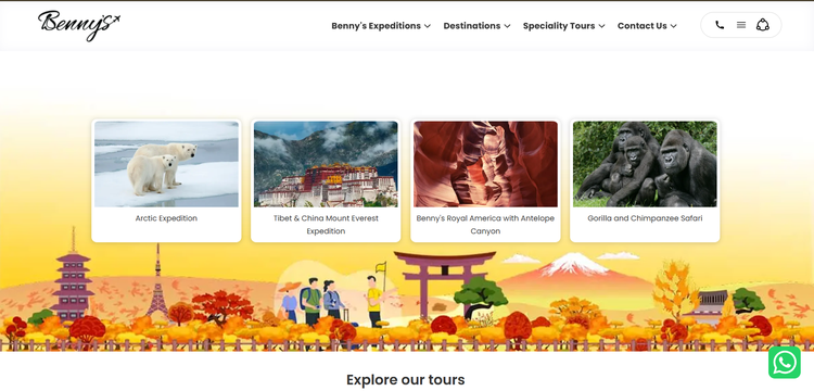 Website homepage design for a travel and tour company featuring tour packages and destination highlights.