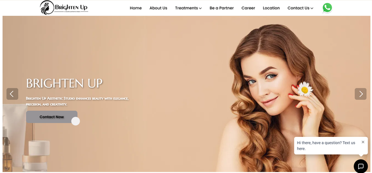 Website homepage banner for BrightenUp Aesthetic Clinic featuring beauty and skincare services.