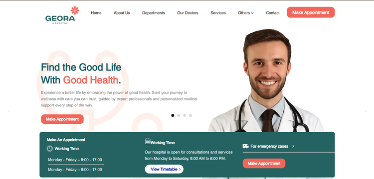 Geora Hospital website header featuring doctor image and online appointment booking.