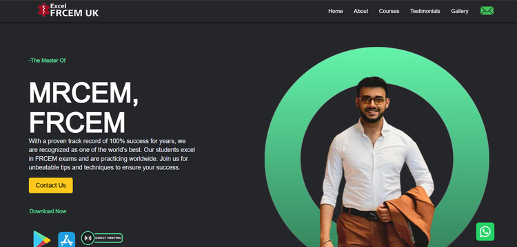 Dark-themed website homepage design for MRCEM and FRCEM medical exam preparation academy.